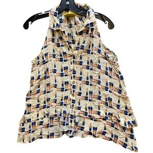 Maeve Anthropologie‎ Shirt Womens 0 Sleeveless Button Down Lipstick AOP Collar